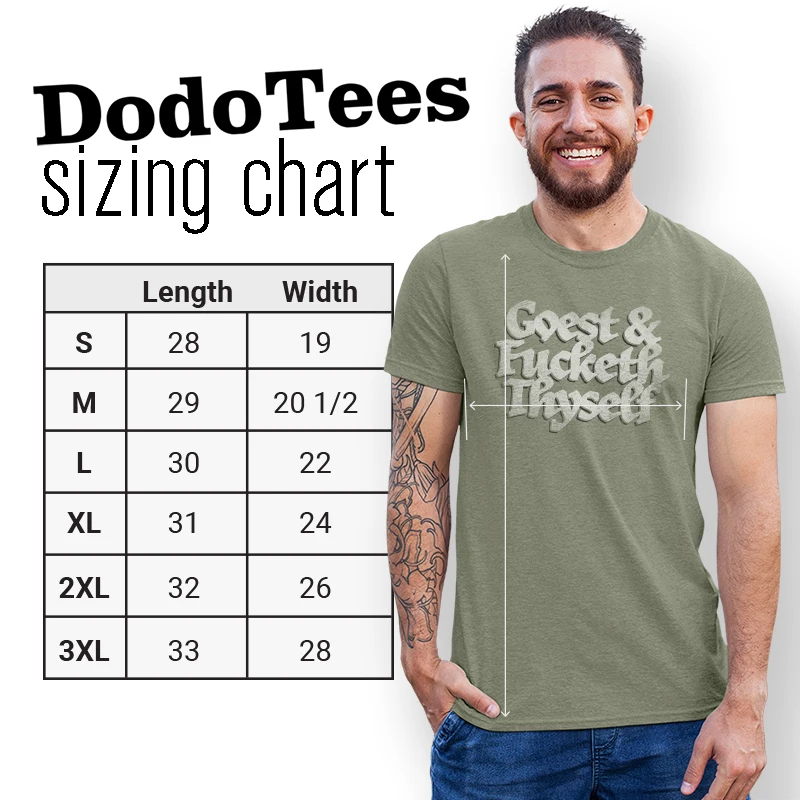 sizing char for f you shirt by dodo tees. available in sizes small to 3XL