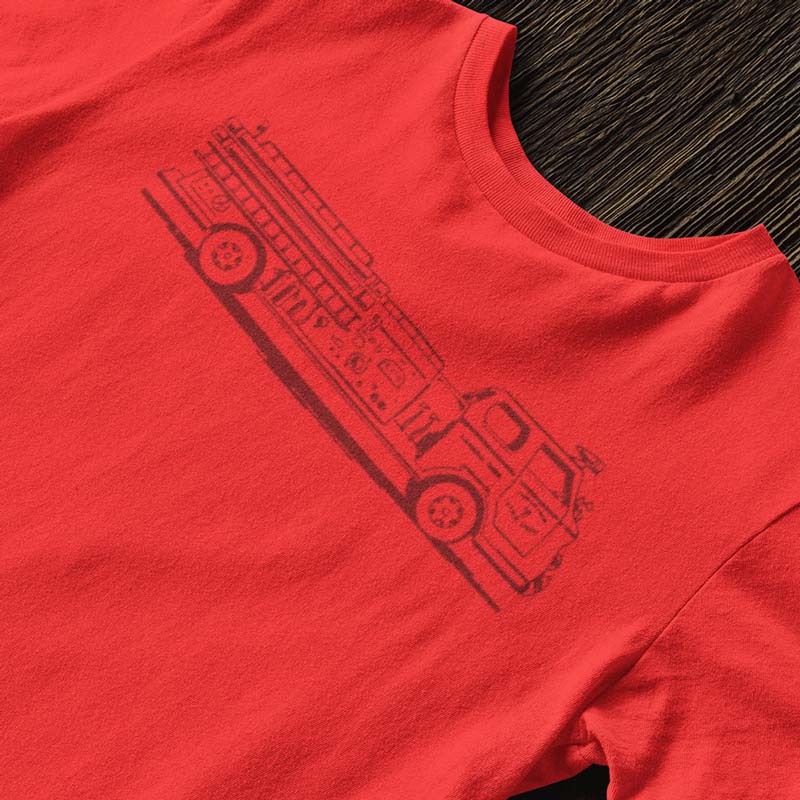 fireman tee shirt close up view of firetruck illustration printed on the front