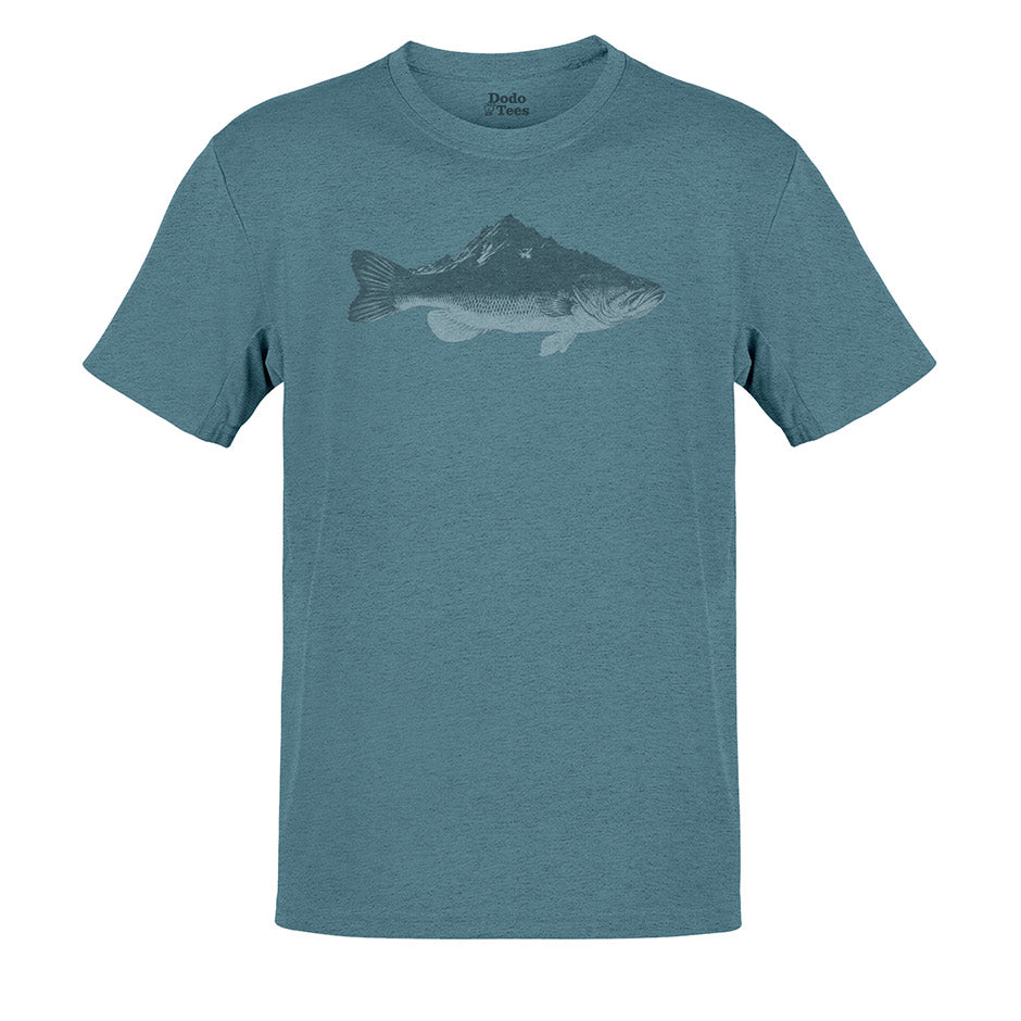 fishing shirts for men with an illustration of a bass fish morphing into a mountain. The Nature Tee Shirts are side-seamed for a great for a great fit. 