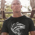 model wearing fishing t shirt with american flag fish by dodo tees