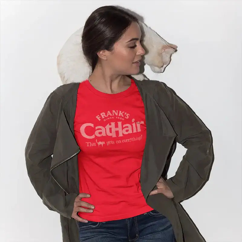 Women with cat wearing the franks cat hair cat shirt