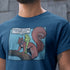 detail view of frog shirt with cartoon of a frog riding a squirrel saying there's no time to explain