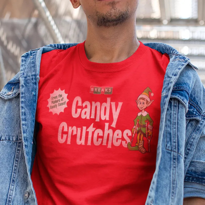 Funny Christmas shirt featuring an elf on candy crutches.  