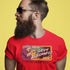 stylish man in sunglasses wearing funny adult shirt with baby kaboomer parody video game graphic 