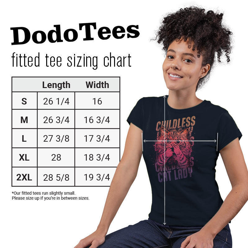 sizing chart for funny cat shirt fitted style by dodo tees. available in sizes small to 2XL