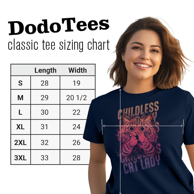 sizing chart for funny cat tees classic style t shirt. available in sizes small to 3XL