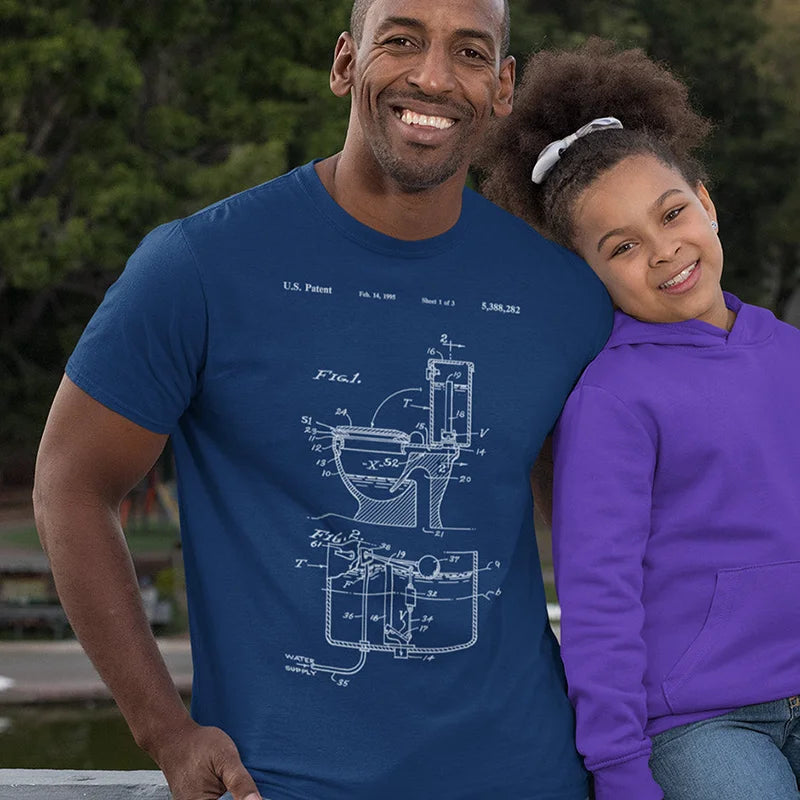 man with daughter wearing funny dad t shirt with toilet patent drawing