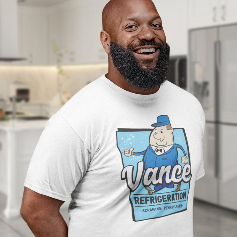 smiling man wearing funny dad t shirt with cute vance refrigeration logo in white by dodo tees