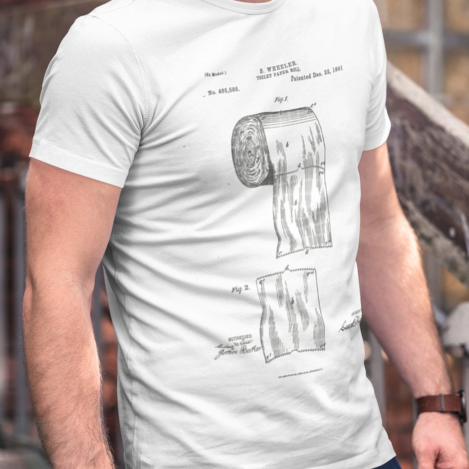 Guy wearing a funny mens gift idea of a shirt with the 1891 toilet paper patent. the Dad tee shirts feature bathroom humor.