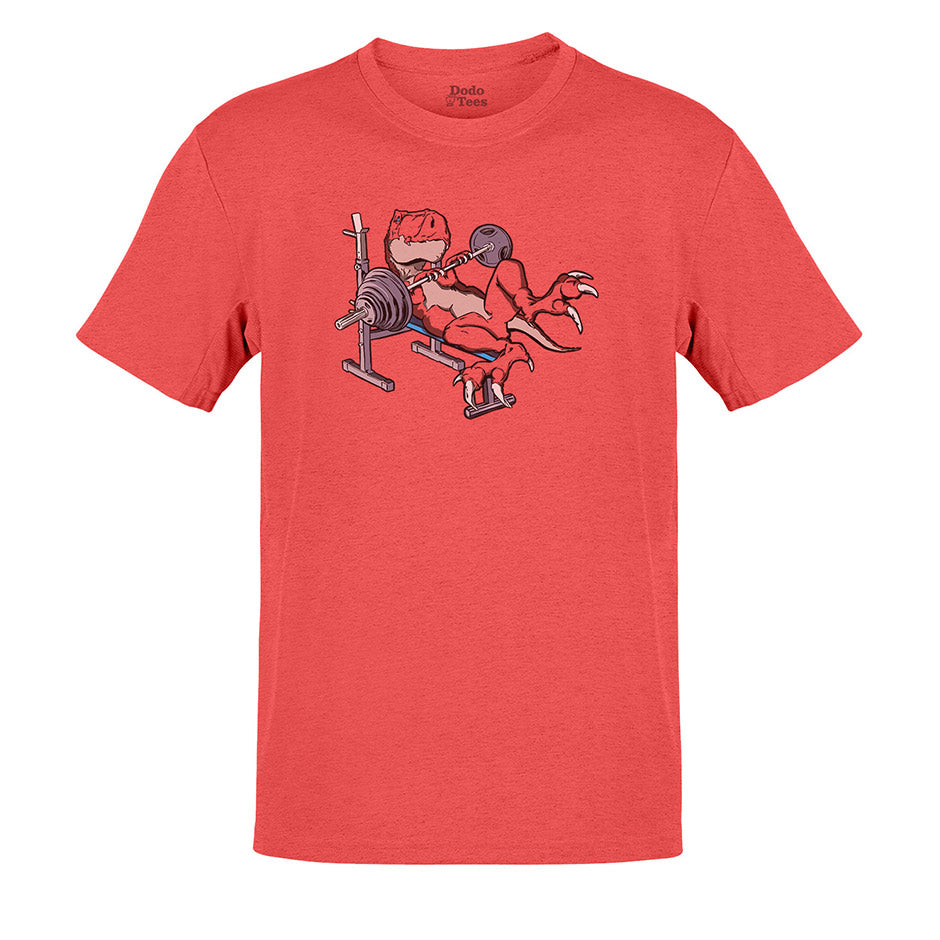 Funny mens gym apparel featuring a weight lifting t rex on a red heather shirt. Dodo Tees Gym Shirts For Men are side-seamed for a modern fit.