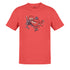 Funny mens gym apparel featuring a weight lifting t rex on a red heather shirt. Dodo Tees Gym Shirts For Men are side-seamed for a modern fit.