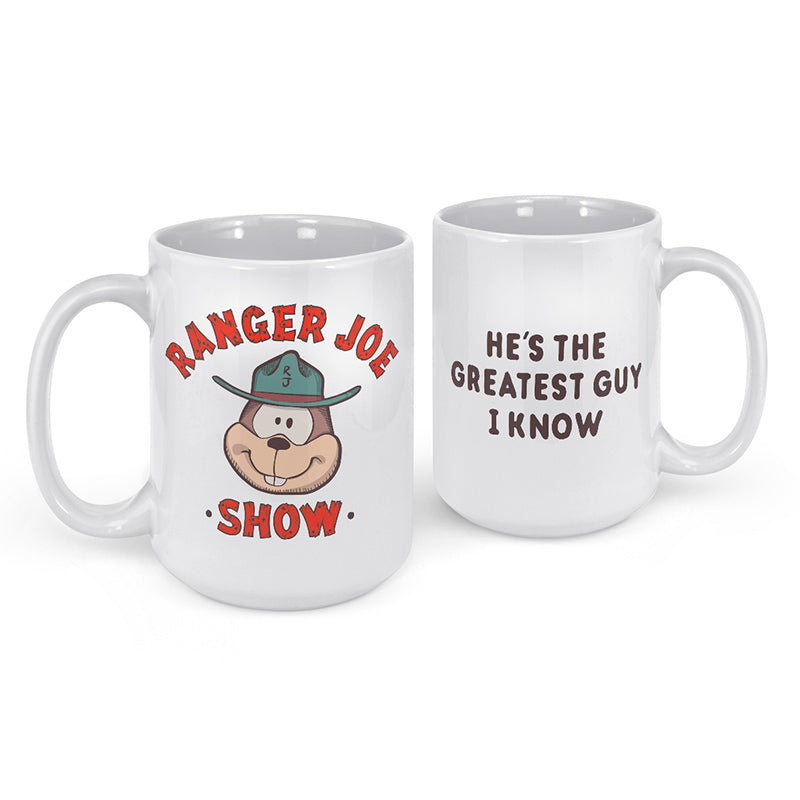 front and back view of funny mugs with ranger joe show logo and quote