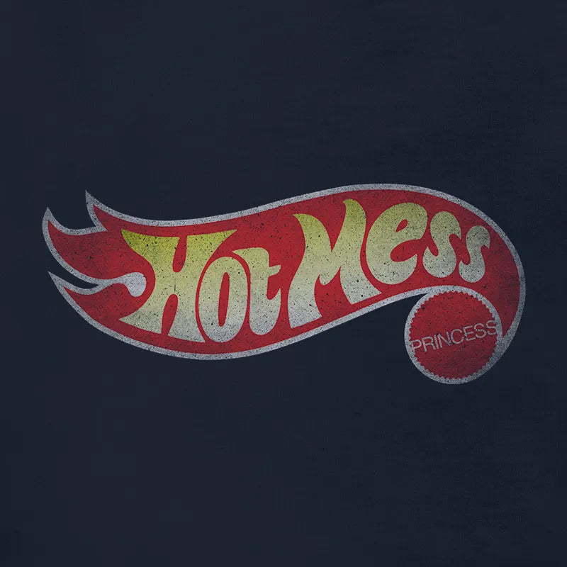 detail view of funny shirts for women with hot mess parody logo by dodo tees