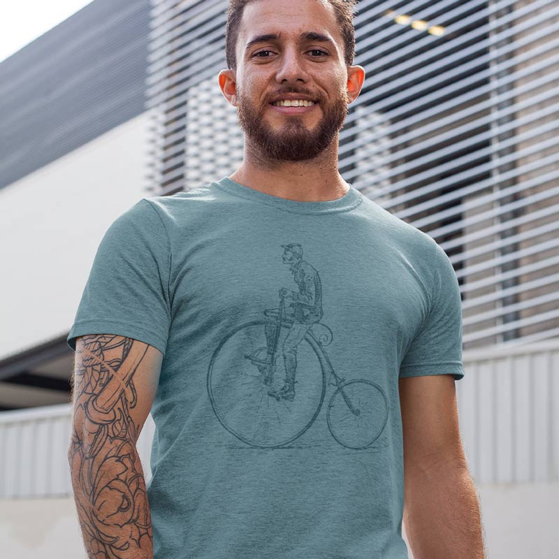 man outside wearing funny t shirt with penny farthing illustration