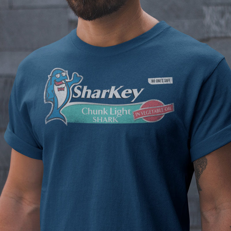 detail view of funny t shirt with sharkey chunk light shark logo
