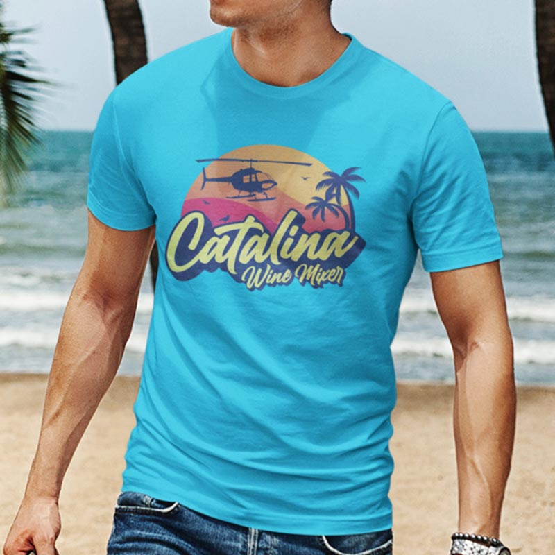 model at beach wearing funny t shirt with catalina wine mixer graphic by dodo tees