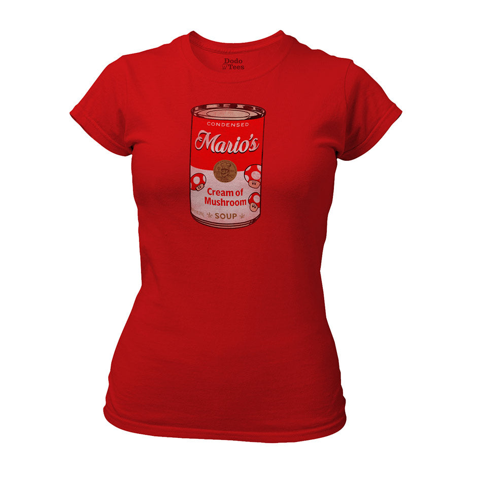 gamer t shirt with a vintage style print of a cartoon Mario's cream of mushroom soup can on a fitted red t shirt