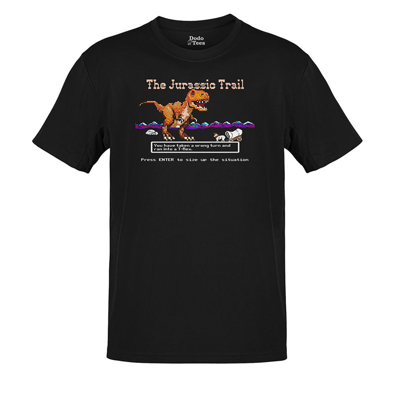 gamer t shirt that features a 8 bit t rex dinosaur attacking a wagon trail.