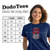 dodo tees sizing chart with smiling woman wearing classic fit gamer t shirt with mario's cream of mushroom soup can graphic in blue