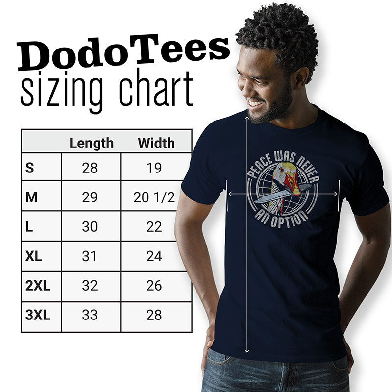 gamer t shirt sizing chart by Dodo Tees featuring the length and width of each shirt size. Small 28Lx19W. Medium 29Lx20.5W. Large 30Lx22W. XL 31Lx24W. 2XL 32Lx26W. 3XL is 33Lx28W.