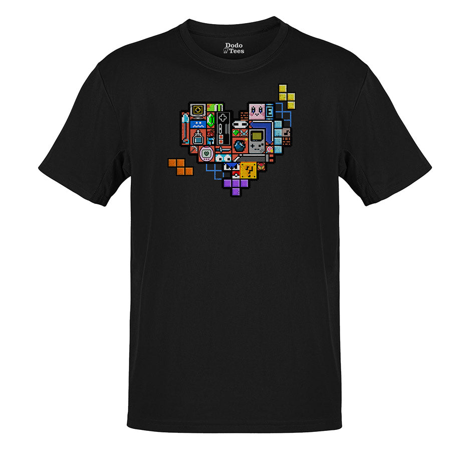 gamer t shirt with pixel heart video game artwork in black classic style