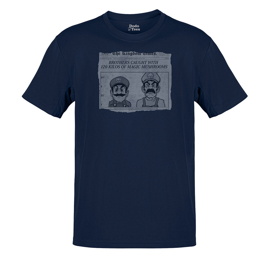 Gaming shirt features a satirical newspaper article depicting Mario,  humorously 'caught' with kilos of magic mushrooms. Perfect for fans of classic gaming and kingpin stories. Thee retro gamer shirts make excellent gifts for stoners.