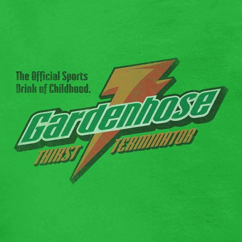 close up of novelty t shirt with gardenhose thirst terminator distressed logo print on green by dodo tees