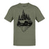 Gift for car lover t shirt with 4x4 and mountains in heather olive by dodo tees