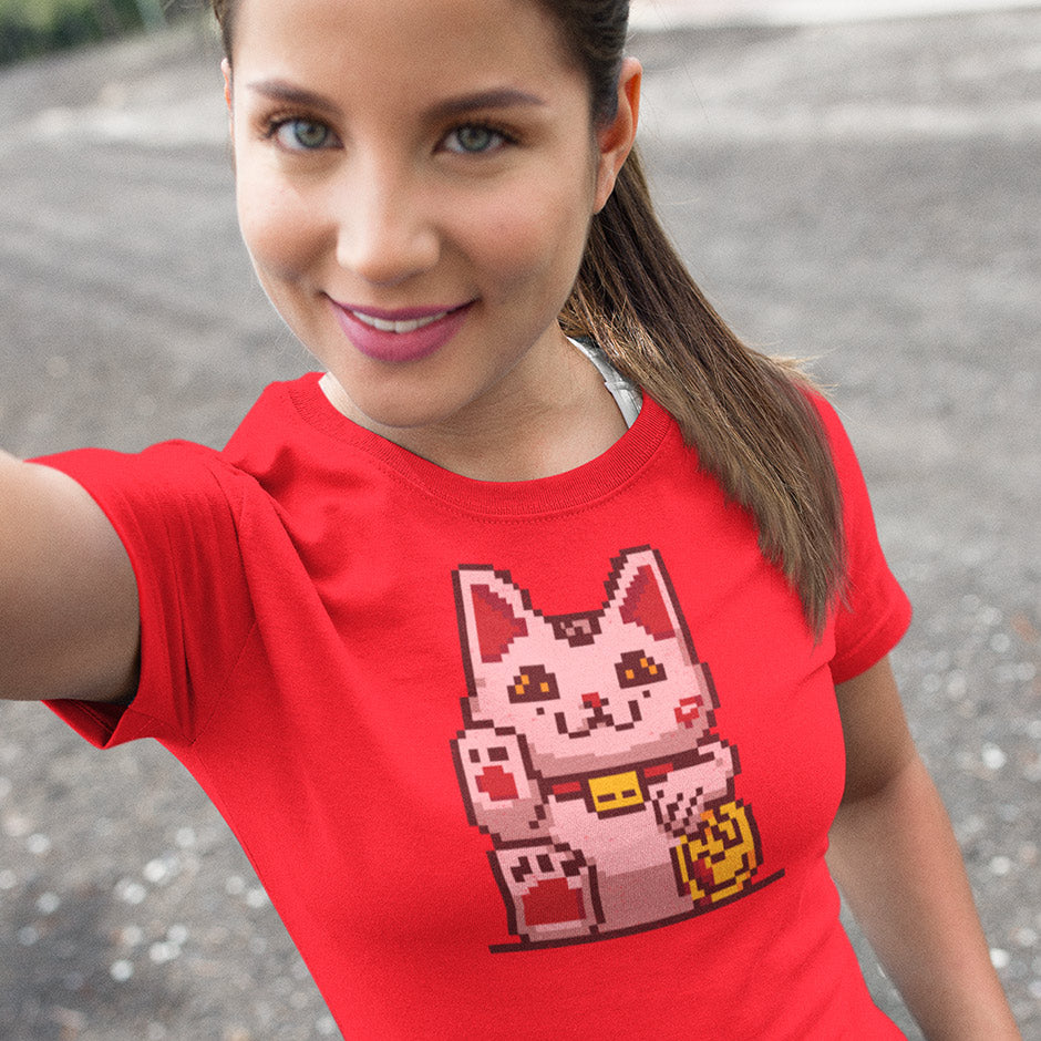 woman wearing gift for cat lover with 8 bit lucky cat illustration in red