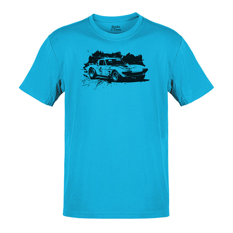 full view of the car graphic tees with grand sport graphic in teal by dodo tees