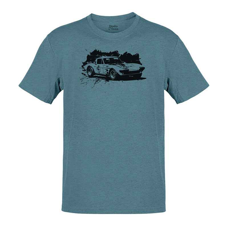 full view of the race car shirt with grand sport car graphic in heather slate