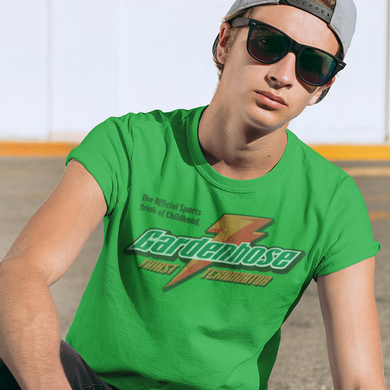 man in sunglasses wearing graphic tee with gardenhose thirst terminator distressed logo in green and baseball cap