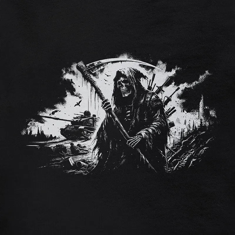 Closeup of the Grim Reaper Skull Tees Shirts featuring an original Dodo Tees illustration of the Grim Reaper ushering in war with tanks and guns. Grim Reaper Shirt is available in sizes S-3XL