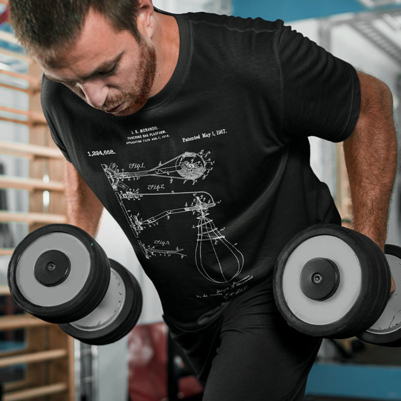 man wearing a gym tshirt featuring a punching bag patent from 1917. The fitness shirts are made from cotton fabric