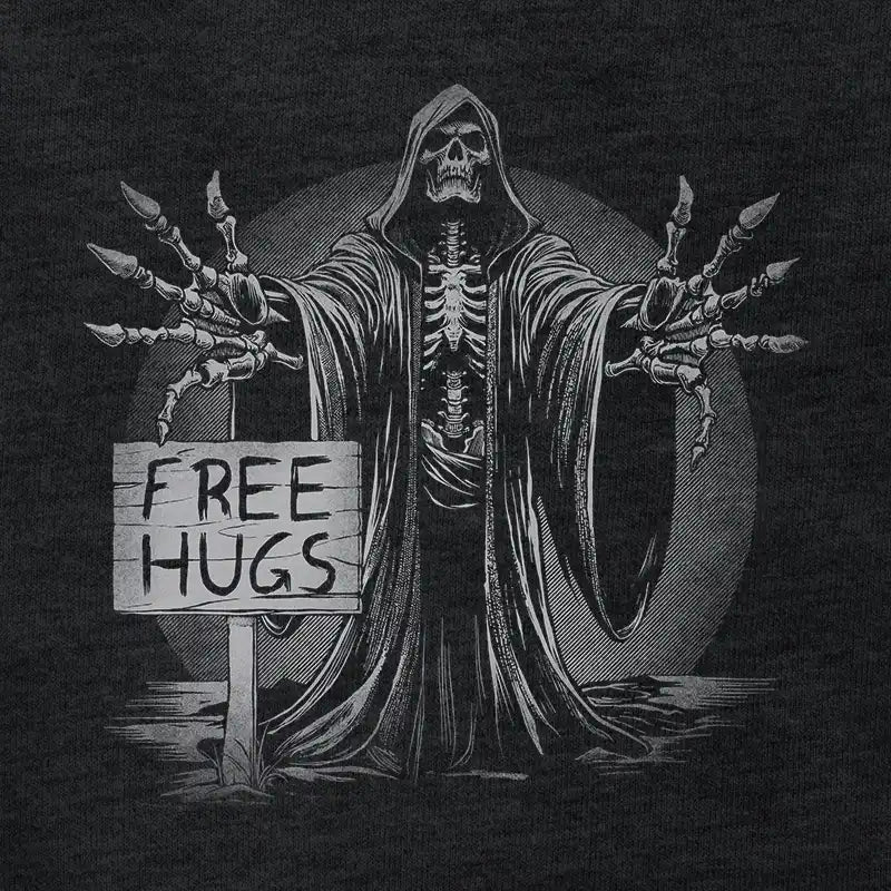 halloween shirt for men detail view with free hugs skeleton illustration