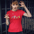 scary woman wearing halloween shirt with monster movie illustration in red