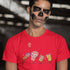 man wearing red halloween shirt with monster movie illustration and skull face paint