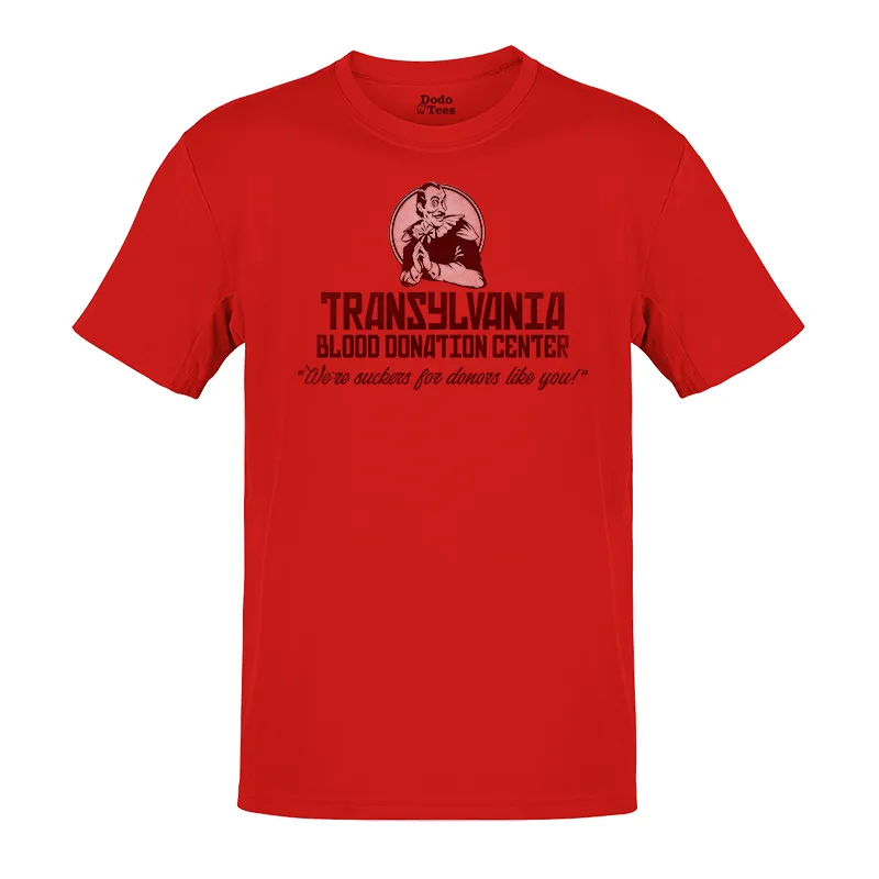 halloween shirts in red with Transylvania blood donation center logo