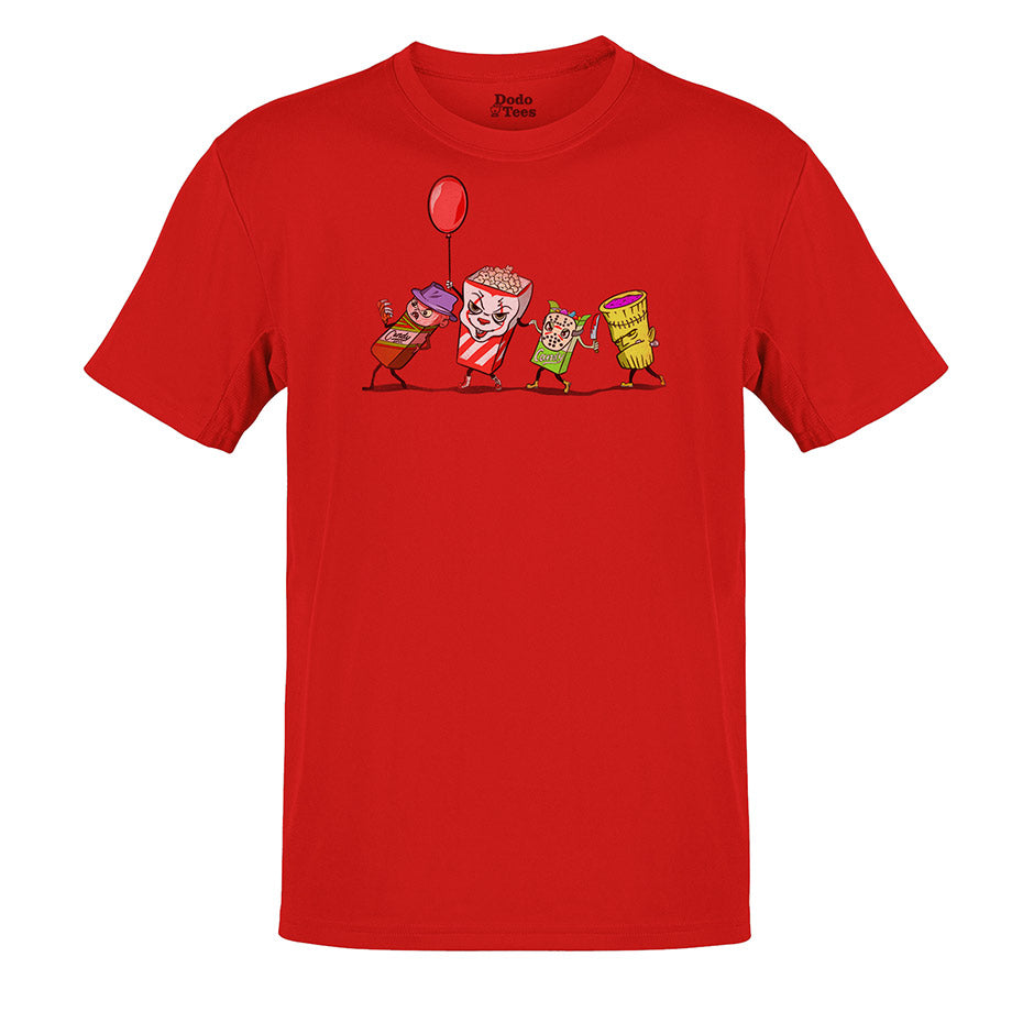 halloween t shirt with monster movie illustration in classic red