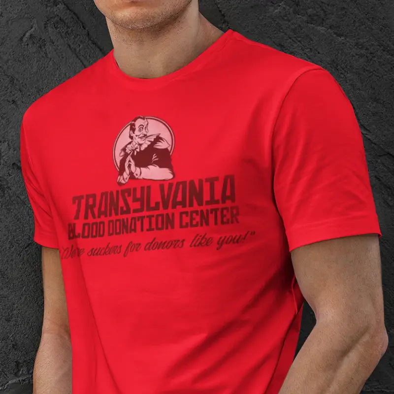 man wearing halloween t shirt with Transylvania blood donation center graphic