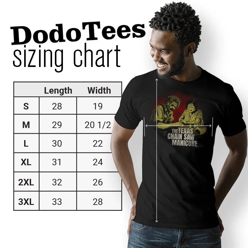 halloween tee sizing chart. available in sizes small to 3XL