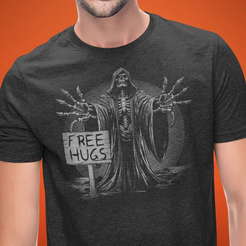 detail view of halloween tee with free hugs grim reaper