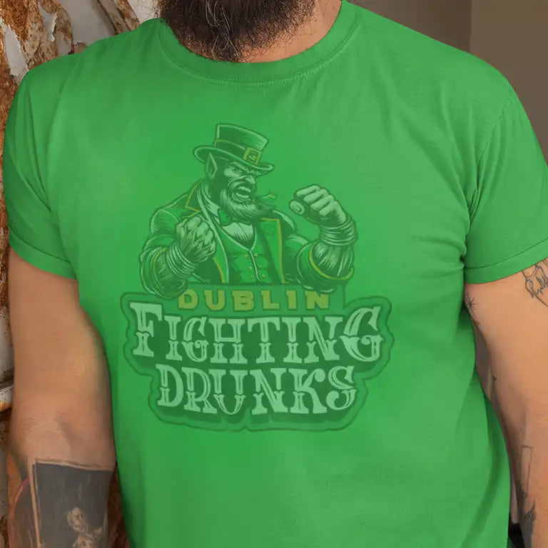 Man wearing hilarious St Patricks Day Shirt with the Dublin Fighting Drunks sports logo 