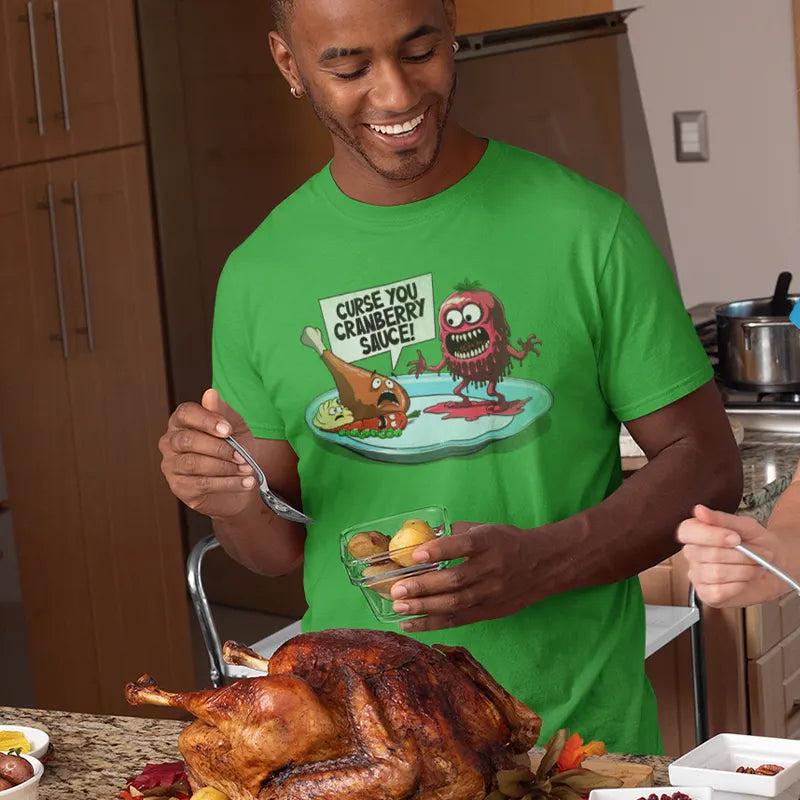 man wearing holiday tee shirt with funny cranberry sauce illustration