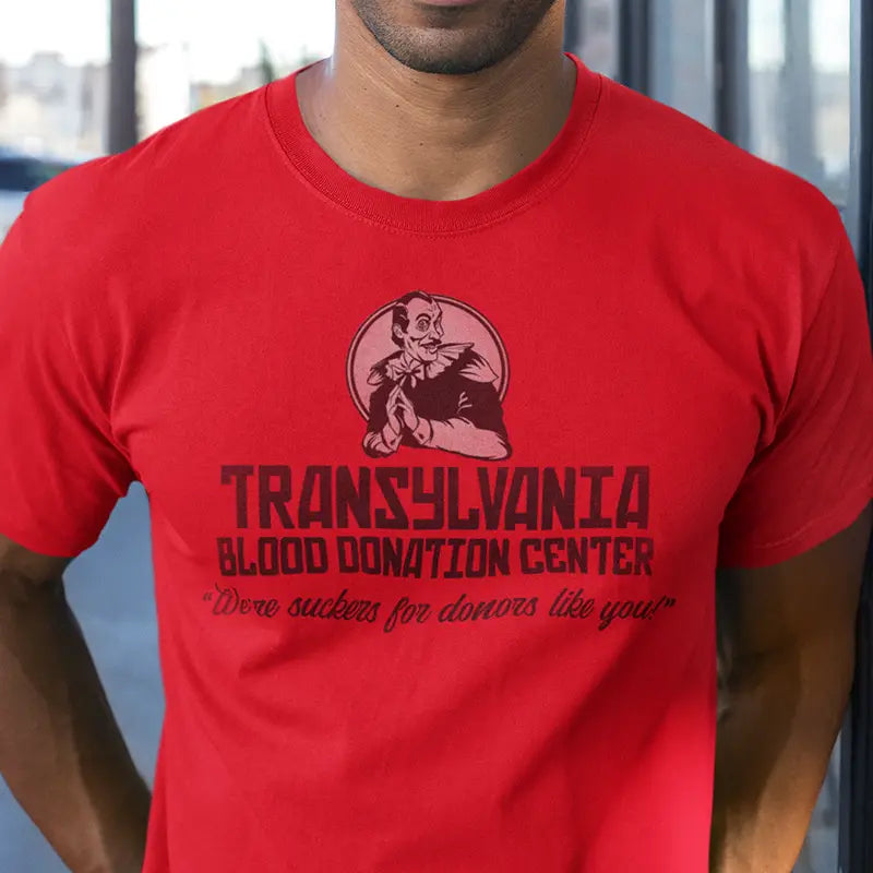 man wearing horror apparel with Transylvania blood donation center design