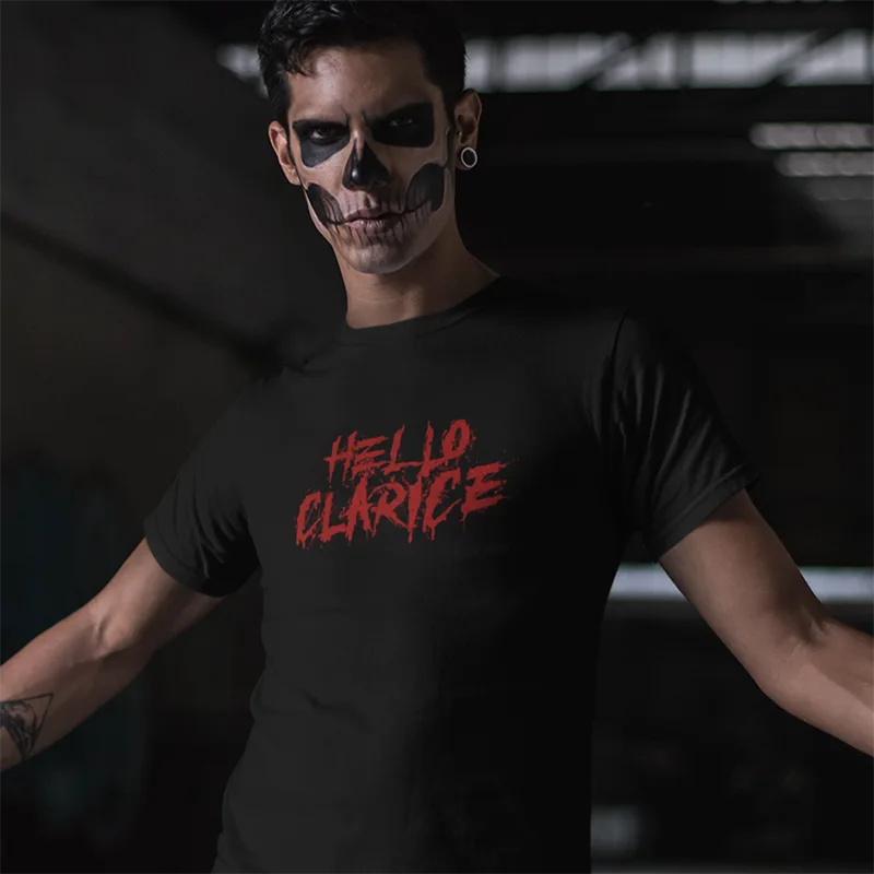 halloween man wearing horror movie tee with hello clarice text