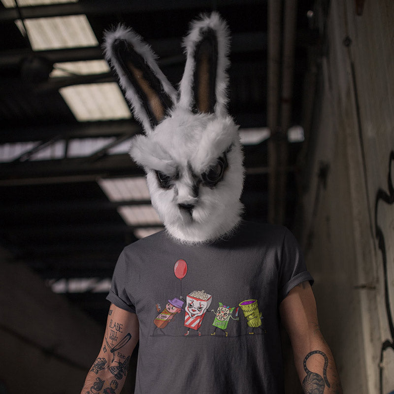 masked man wearing horror shirts with monster movie illustration in charcoal