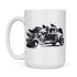 front view of dodo tees car mug with illustration of a classic hot rod