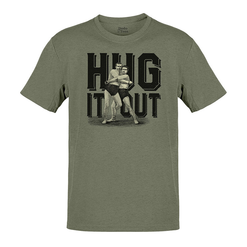 funny gym apparel with hug it out typography and vintage wrestling illustration in heather olive