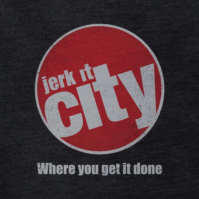 detail view of the offensive t shirts with jerk it city spoof logo by dodo tees